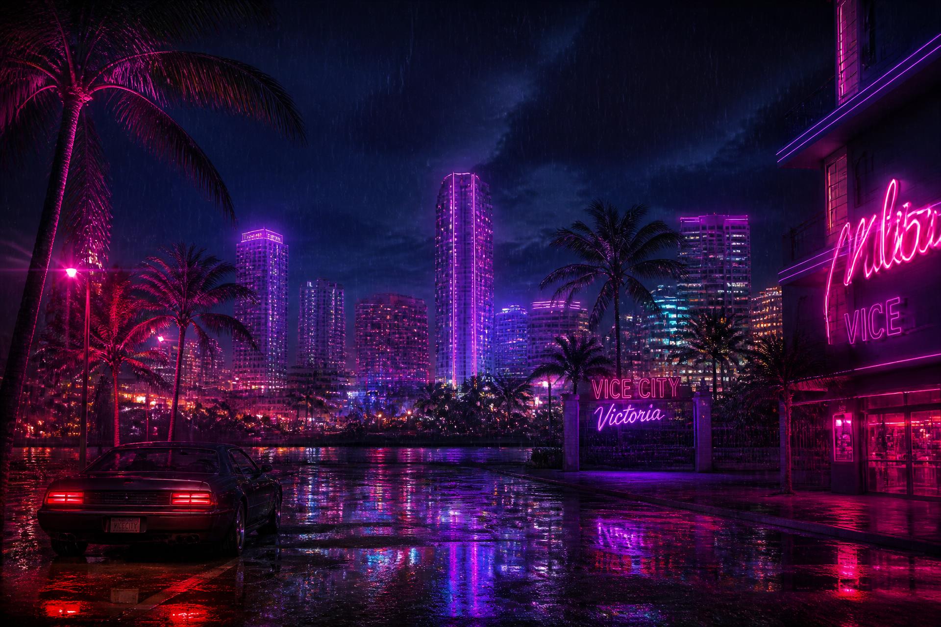 Neon Vice City skyline at night